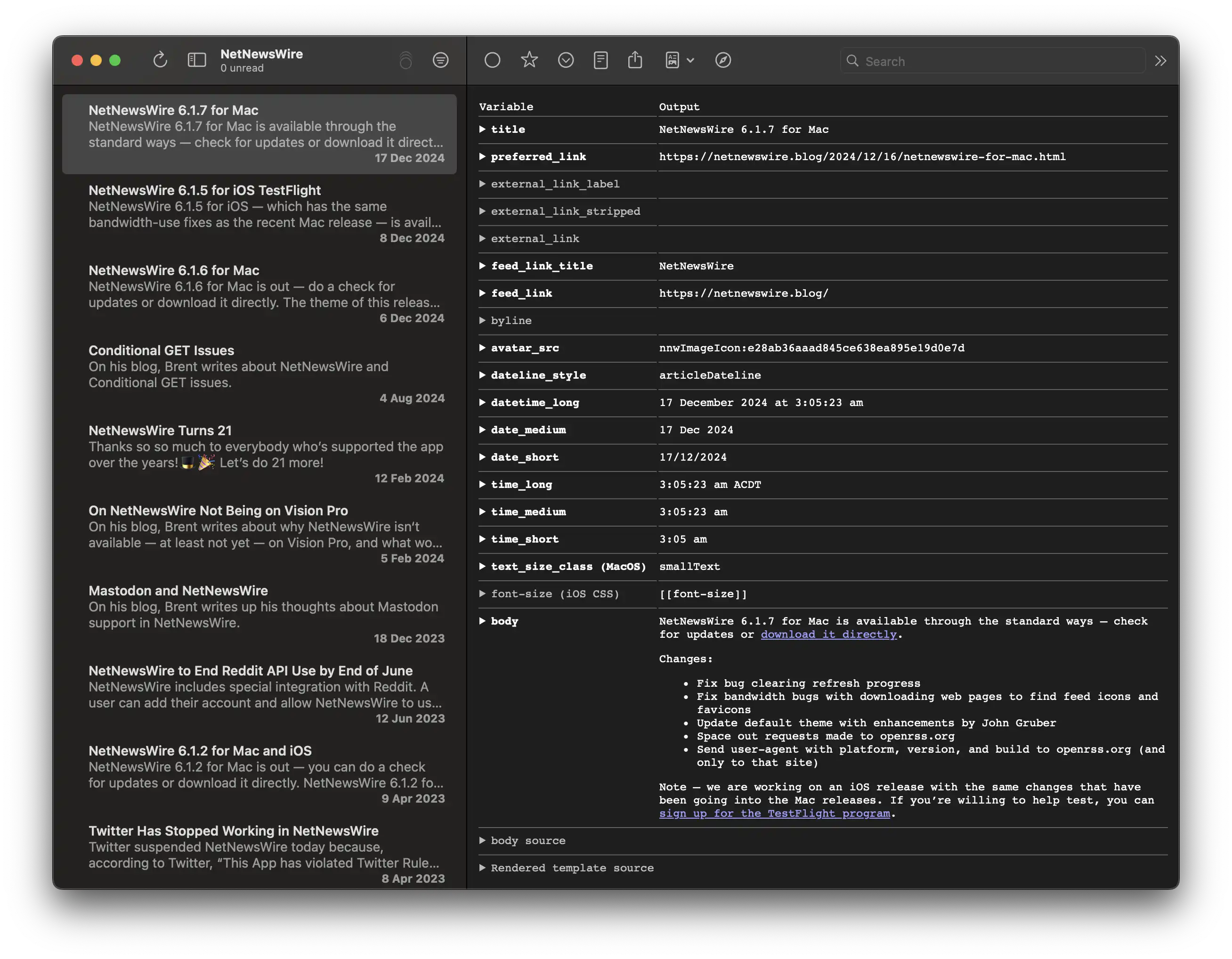 Screenshot of NetNewsWire displaying a blog post using the Template Variables theme. All the variables NetNewsWire renders in templates are laid out in a table.