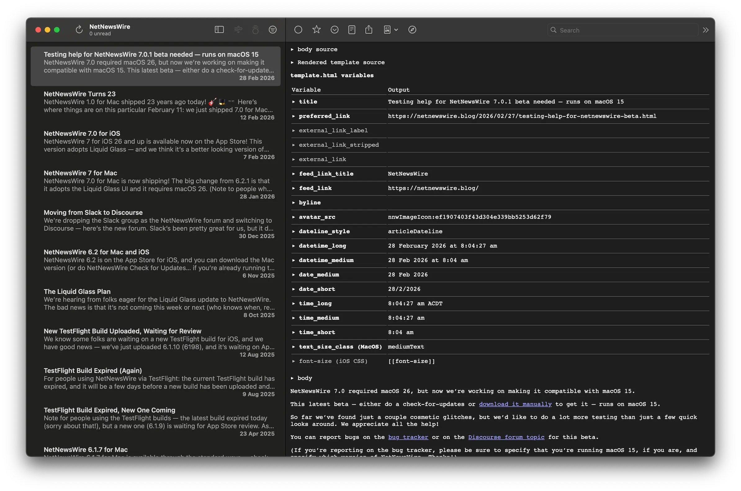 Screenshot of NetNewsWire displaying a blog post using the Template Variables theme. All the variables NetNewsWire renders in templates are laid out in a table.
