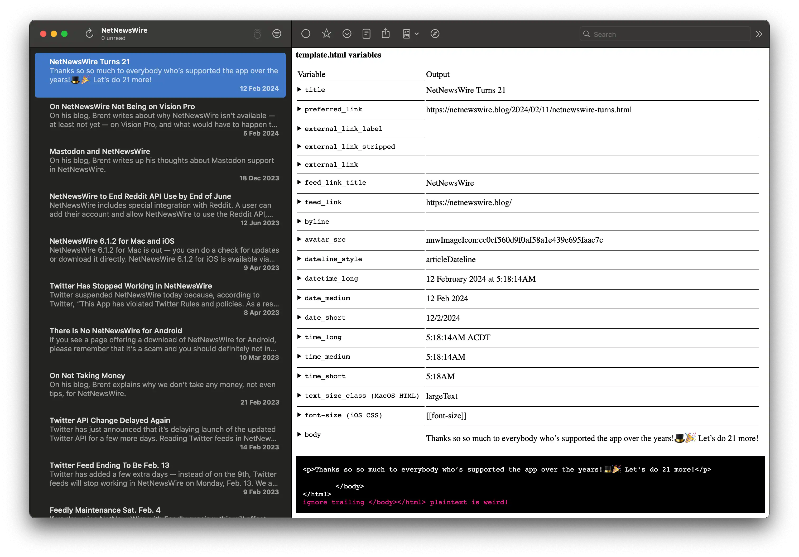 Screenshot of NetNewsWire displaying a blog post using the Template Variables theme. All the variables NetNewsWire can display are laid out in a table.